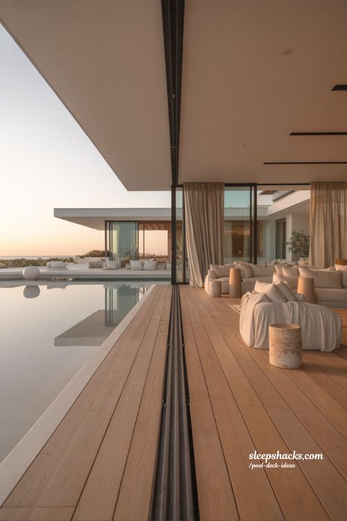 Seamless indoor outdoor wood pool deck with modern coastal sliding glass design 
