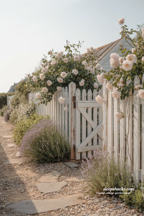 Coastal cottage garden ideas with white fence and climbing roses soft timeless charm