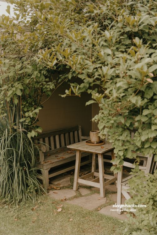 Secret garden ideas cozy hidden seating corner with wooden bench and lush greenery backyard nook 