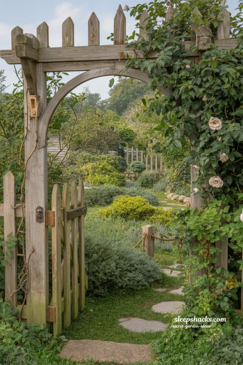Secret garden ideas entrance with wooden archway and hidden lush backyard pathway 