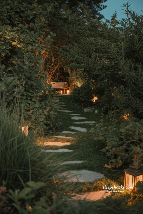 Secret garden ideas nighttime garden lighting warm glow hidden path cozy outdoor night design 