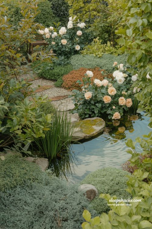Secret garden ideas sensory garden design with jasmine roses water feature and soft textured plants 