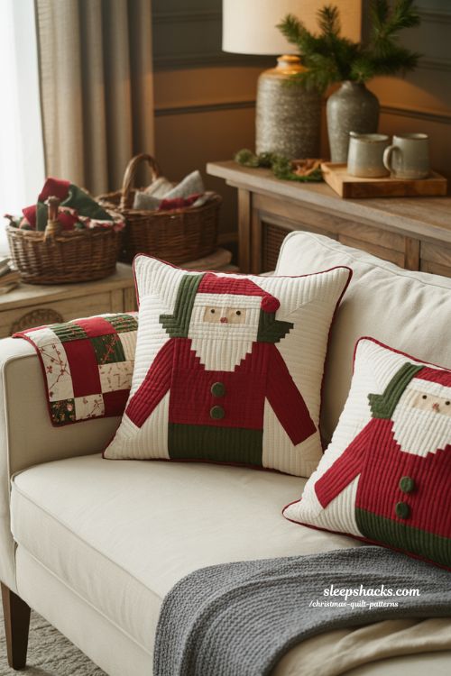Sew jolly Christmas pillow on cozy farmhouse sofa with handmade holiday decor 