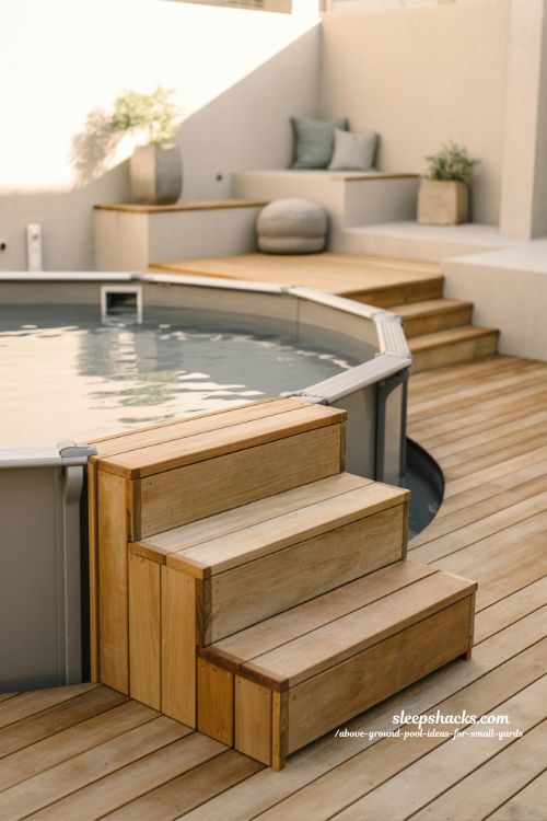 Simple above ground pool entry steps ideas for safe and cozy backyard design 