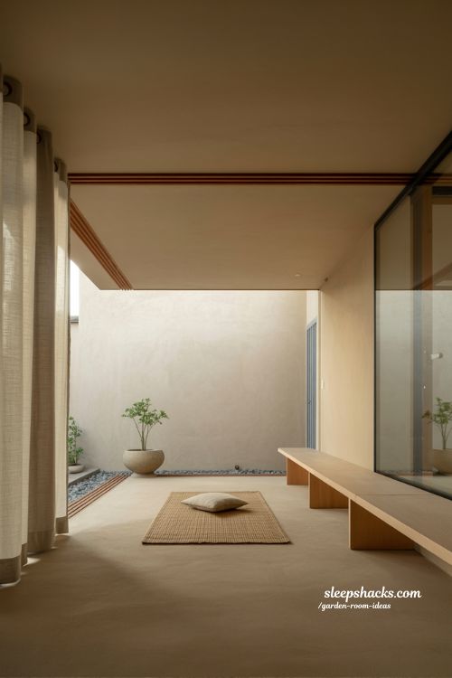 Simple garden meditation space minimal zen retreat room with calming empty design and natural light reset atmosphere
