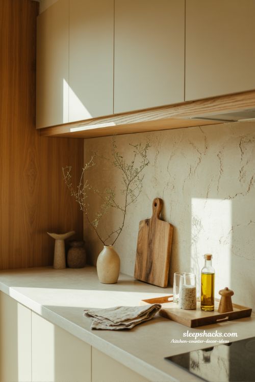 Simple kitchen counter decor ideas with warm minimal styling 
