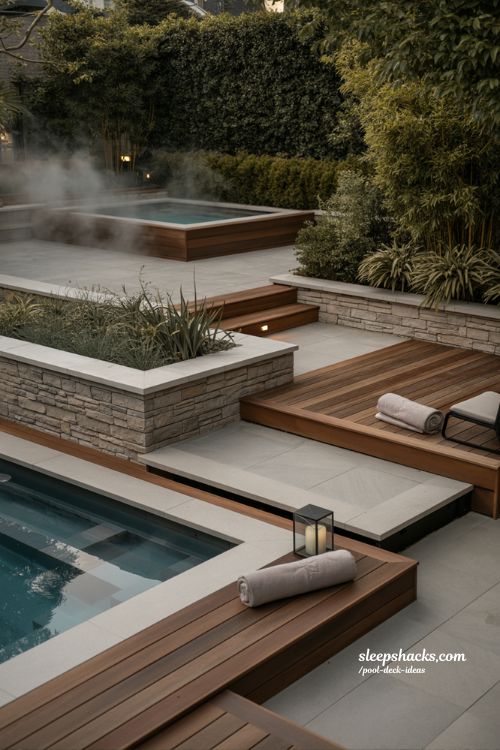 Wide-angle cinematic eye-level shot of a breathtaking lakefront negative-edge pool deck where the infinity waterline visually dissolves into the calm lake beyond, luxury modern resort architecture with refined coastal and natural contemporary influences, expansive pool deck designed entirely around uninterrupted horizon views, featuring oversized sun shelves with gentle bubblers, a subtly integrated spa zone, and sculptural fire elements positioned low along the edge to preserve open sightlines, warm timber decking paired with sandy natural stone and lightly weathered concrete surfaces blending seamlessly into the surrounding lakeside landscape, palette of soft driftwood beige, warm sand, muted stone gray, deep water blue, and natural earthy greens creating a serene and expansive atmosphere, low-profile contemporary lounge furniture arranged intentionally toward the lake view without obstructing the visual connection between pool and horizon, reflective water surfaces mirroring the sky and firelight while enhancing the illusion of endless space, surrounding vegetation kept soft and minimal with native grasses and lakeside plantings framing the composition naturally, golden-hour light stretching across the deck and shimmering over the water with cinematic warmth, atmosphere that feels peaceful, awe-inspiring, and emotionally expansive like a private luxury retreat immersed in nature, soft natural tones creating instant calm and openness, weathered wood and stone textures adding warmth and timeless depth, restrained architectural details creating lasting elegance and seamless harmony between water, landscape, and structure, no people, no text, no watermarks, no blur, no bokeh, all surfaces in sharp focus, photorealistic, 4K resolution, editorial interior photography, Pinterest-worthy 