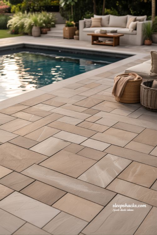 Slip resistant textured paver pool deck for families with modern safe backyard design 