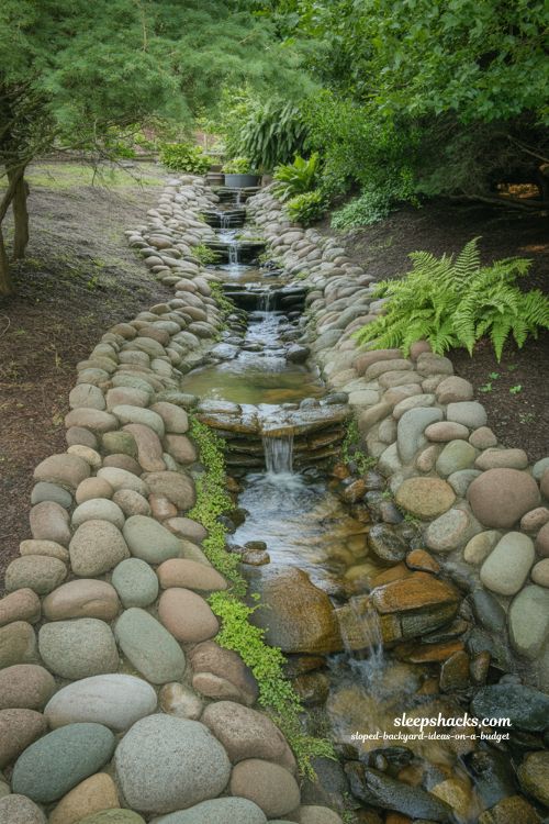 Sloped backyard water feature with natural stone stream and cascading gravity fed design on a budget