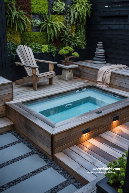 Small backyard swim spa layout with semi recessed cedar decking and vertical garden oasis