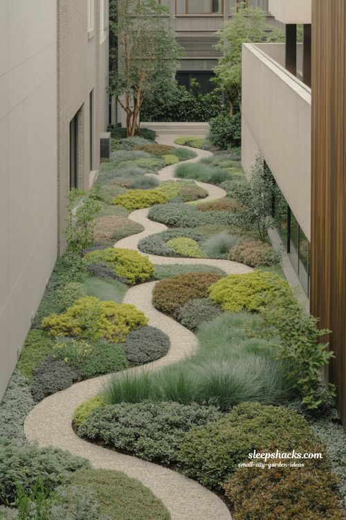 Small city garden ideas that feel larger using curved pathways, layered planting and soft natural design flow