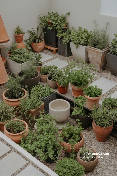 Small city garden ideas using terracotta, black and ceramic containers arranged in natural clustered plant designs