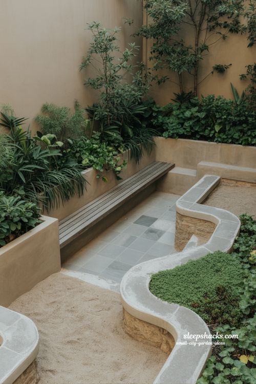 Small city garden ideas with built-in seating, benches and minimal furniture that blend naturally into compact outdoor spaces