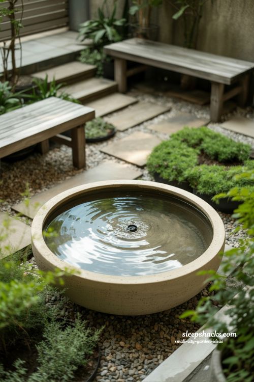 Small city garden ideas with calm water bowls and gentle sound features for peaceful urban outdoor relaxation