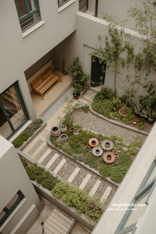 Small city garden ideas with simple zoning using benches, pots and soft layout separation for cozy urban outdoor spaces
