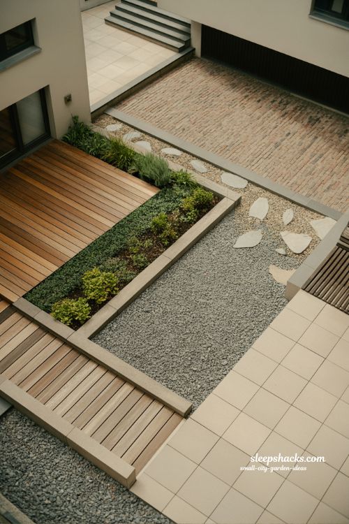 Small city garden ideas with wood, brick, gravel and concrete materials that shape mood and define urban outdoor spaces