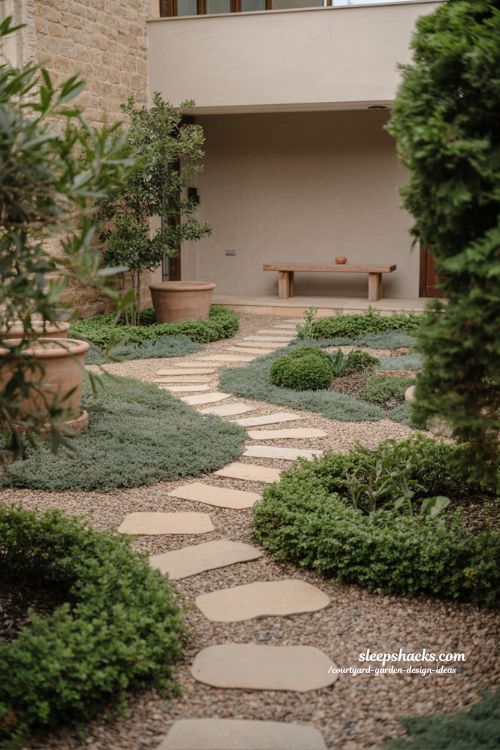 Small courtyard garden pathway with stepping stones guiding natural movement