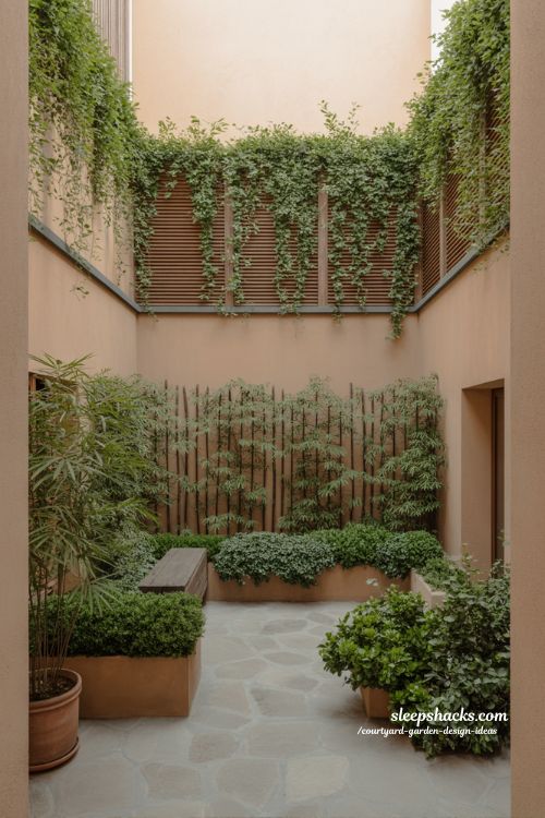 Small courtyard garden with layered privacy plants and cozy secluded feel