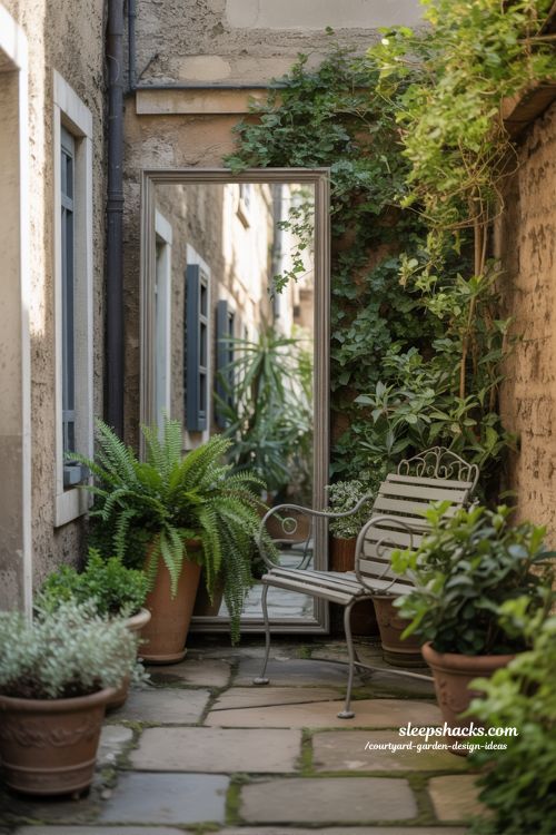 Small courtyard garden with mirror creating depth and reflected greenery