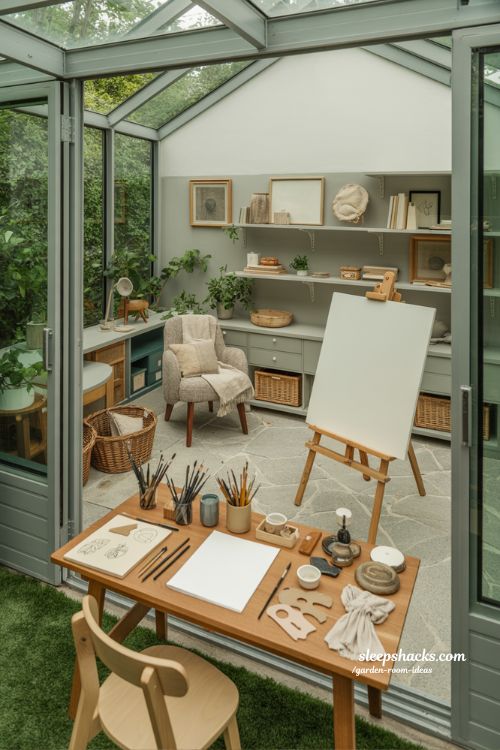 Small garden creative studio calm minimalist art workspace with natural light and inspiring focus space