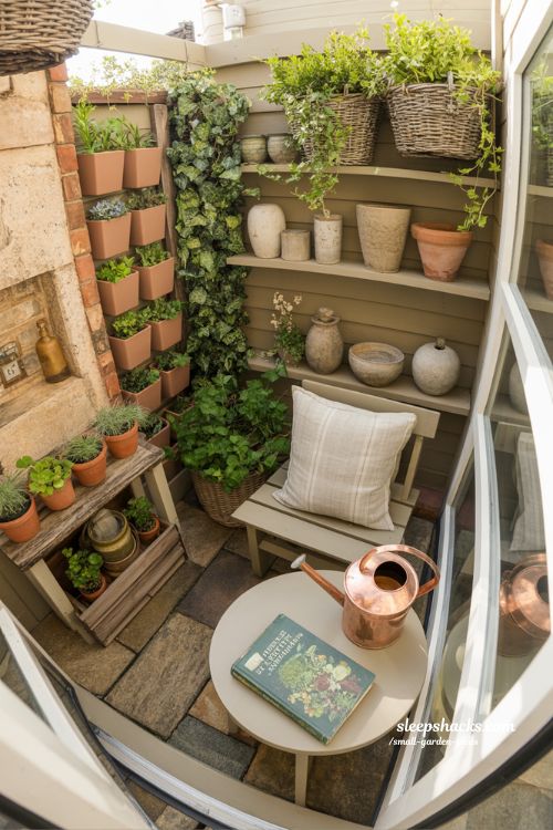 Small garden ideas for tiny patio with vertical plants and cozy seating