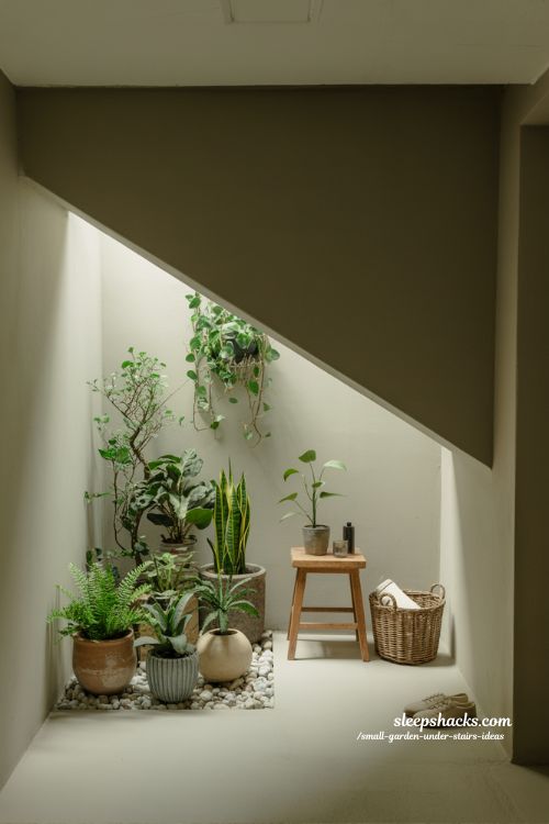 Small garden under stairs idea with cozy indoor plants and natural decor