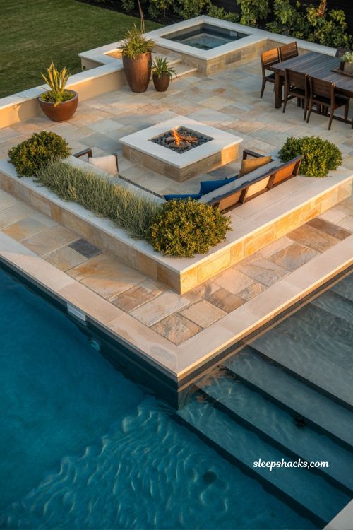Smart no-lawn backyard pool garden with natural stone hardscaping fire pit spa and modern zoned outdoor living design