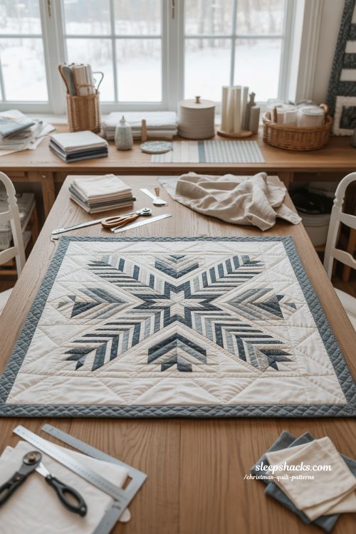 Snowflake medallion christmas quilt with heirloom white winter quilting design on neutral farmhouse table 