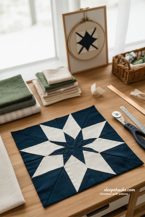 Snowy star christmas quilt block in modern navy and white holiday quilting studio 