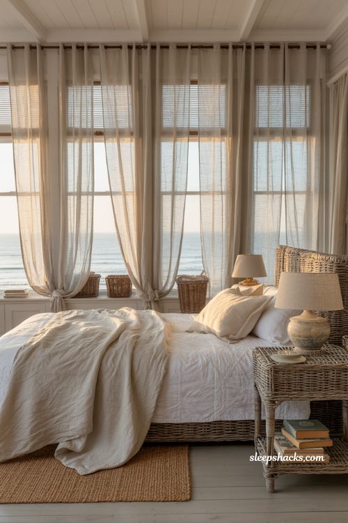 Soft linen curtains in a coastal grandma bedroom with airy natural light and breezy coastal decor