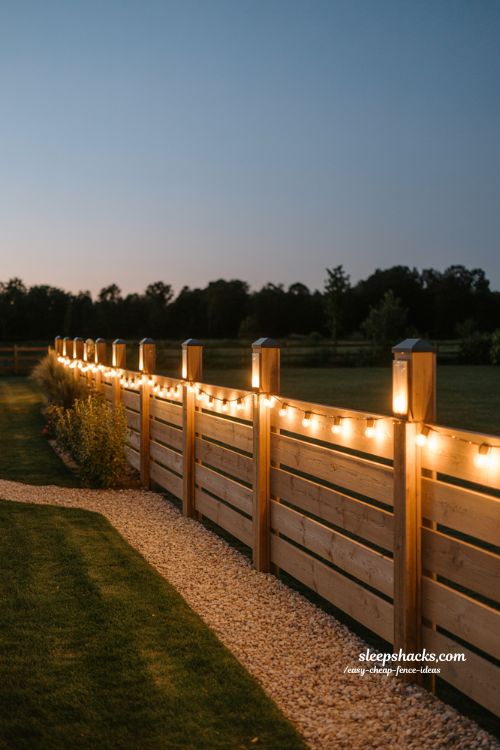 Solar fence lighting ideas with warm string lights and post cap lamps for cozy backyard night design