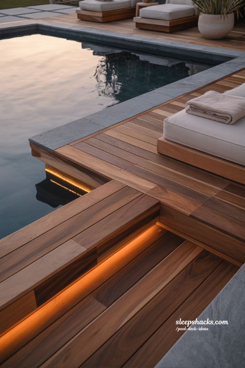 Spa inspired wood pool deck with built in lighting and luxury resort backyard design 