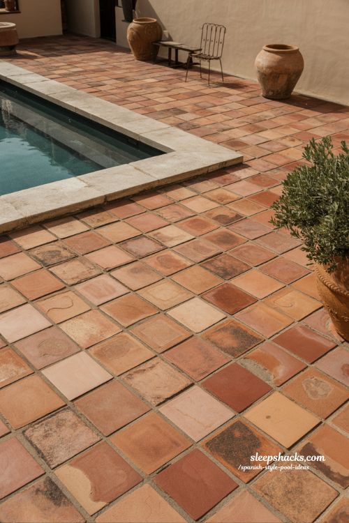 Spanish style pool ideas with antique saltillo tile deck and terracotta courtyard design
