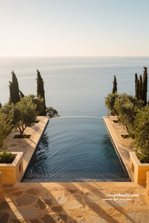 Spanish style pool ideas with infinity edge design and Mediterranean sea view luxury terrace