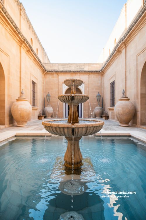 Spanish style pool ideas with mediterranean courtyard fountain and moorish garden design