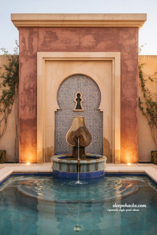 Spanish style pool ideas with moroccan wall fountain and tile water feature design