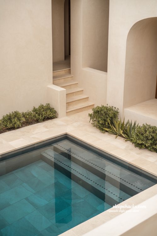 Spanish style pool ideas with natural swimming pool and terracotta border garden design