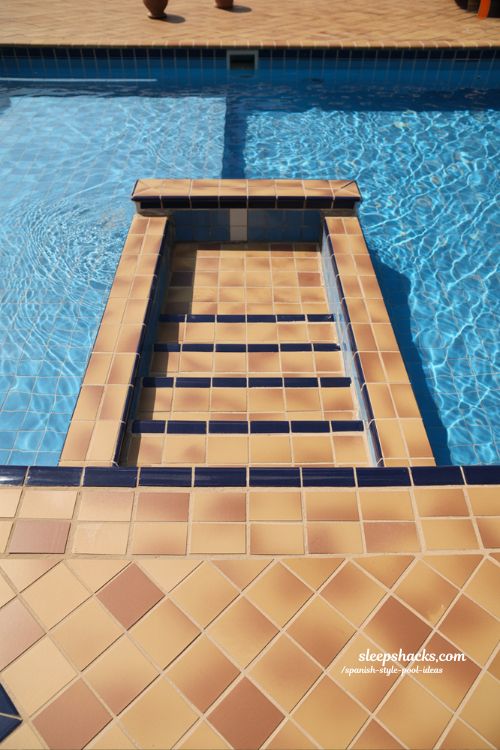 Spanish style pool ideas with tiled steps and built in bench seating design