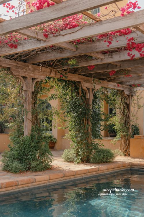 Spanish style pool ideas with vine covered pergola and natural shaded courtyard design