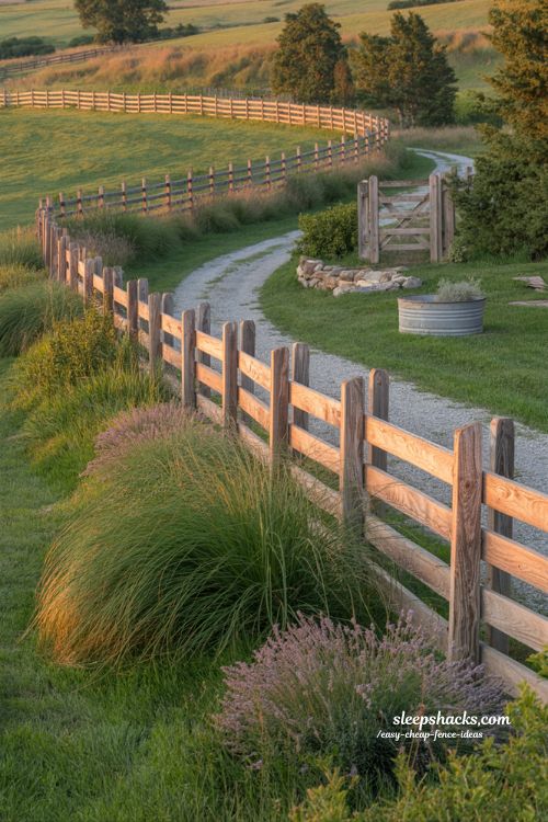 Split rail fence ideas for ranch-style backyard landscaping with native plants