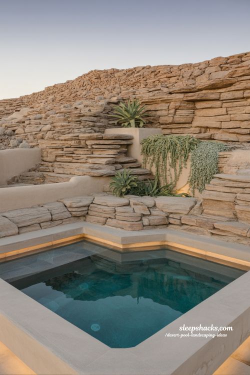 Stacked stone retaining wall desert pool design terraced backyard landscaping ideas with succulents and lighting