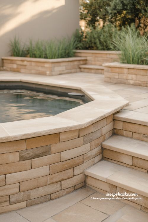 Stone finish above ground pool ideas for small backyard built-in style design 