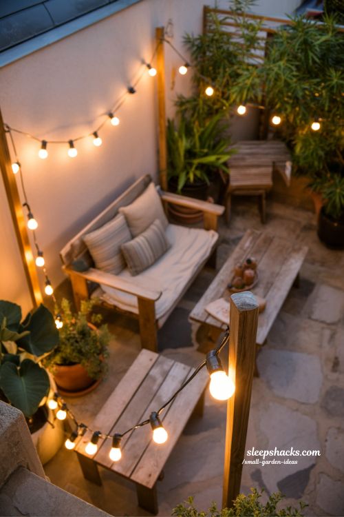 String light garden ideas for cozy outdoor evenings with warm ambient lighting