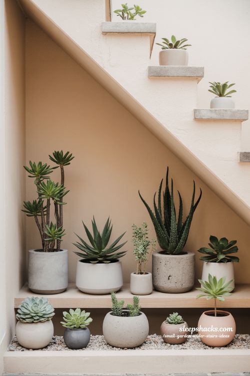 Succulent focused under stairs garden with modern minimal planters and structured indoor plant design 