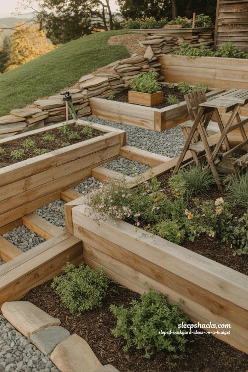 Terraced sloped backyard garden beds made with reclaimed wood and stone 