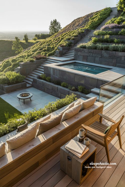 Terraced sloped backyard with elevated swim spa and natural stone retaining walls and cedar decking