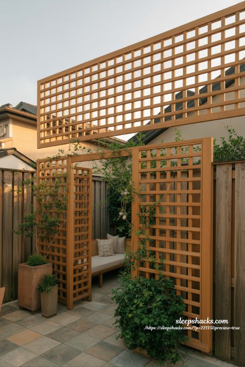 Timber lattice privacy panels for backyard fencing with climbing plants and seating nook design