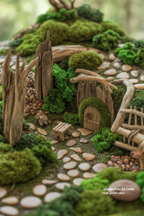 Tiny decorative garden ideas with miniature moss scenes and storybook details