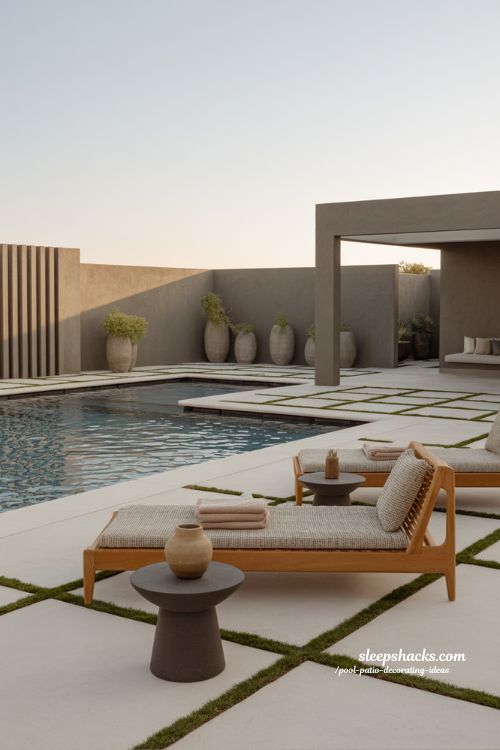 Title: Modern geometric pool patio decorating ideas with clean outdoor lines and minimalist luxury 
