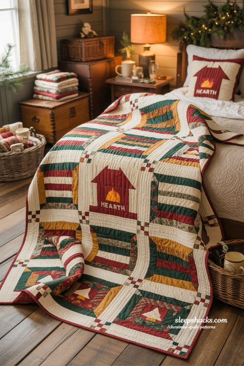 Traditional log cabin christmas quilt with barn raising layout cozy farmhouse holiday bedroom decor 